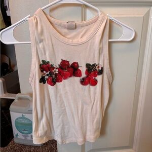 Urban Outfitters Cream Tank Top with Red Strawberry Embroidery